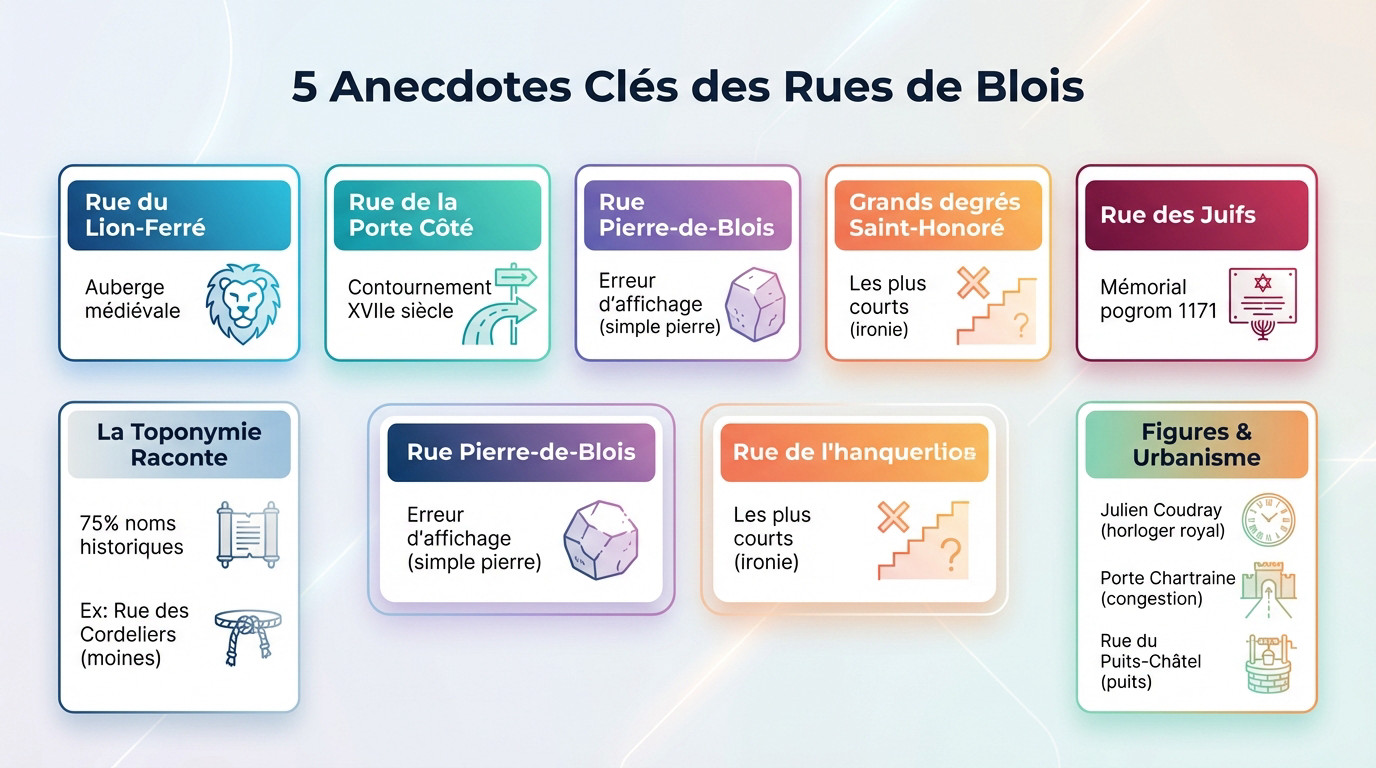 Infographie présentant 5 anecdotes historiques sur les rues de Blois