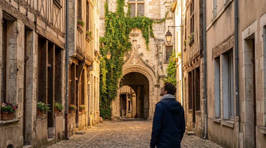 Narrow cobblestone street in Blois, France. Golden hour light on ancient buildings. Person looks at a carved, ivy-covered archway.