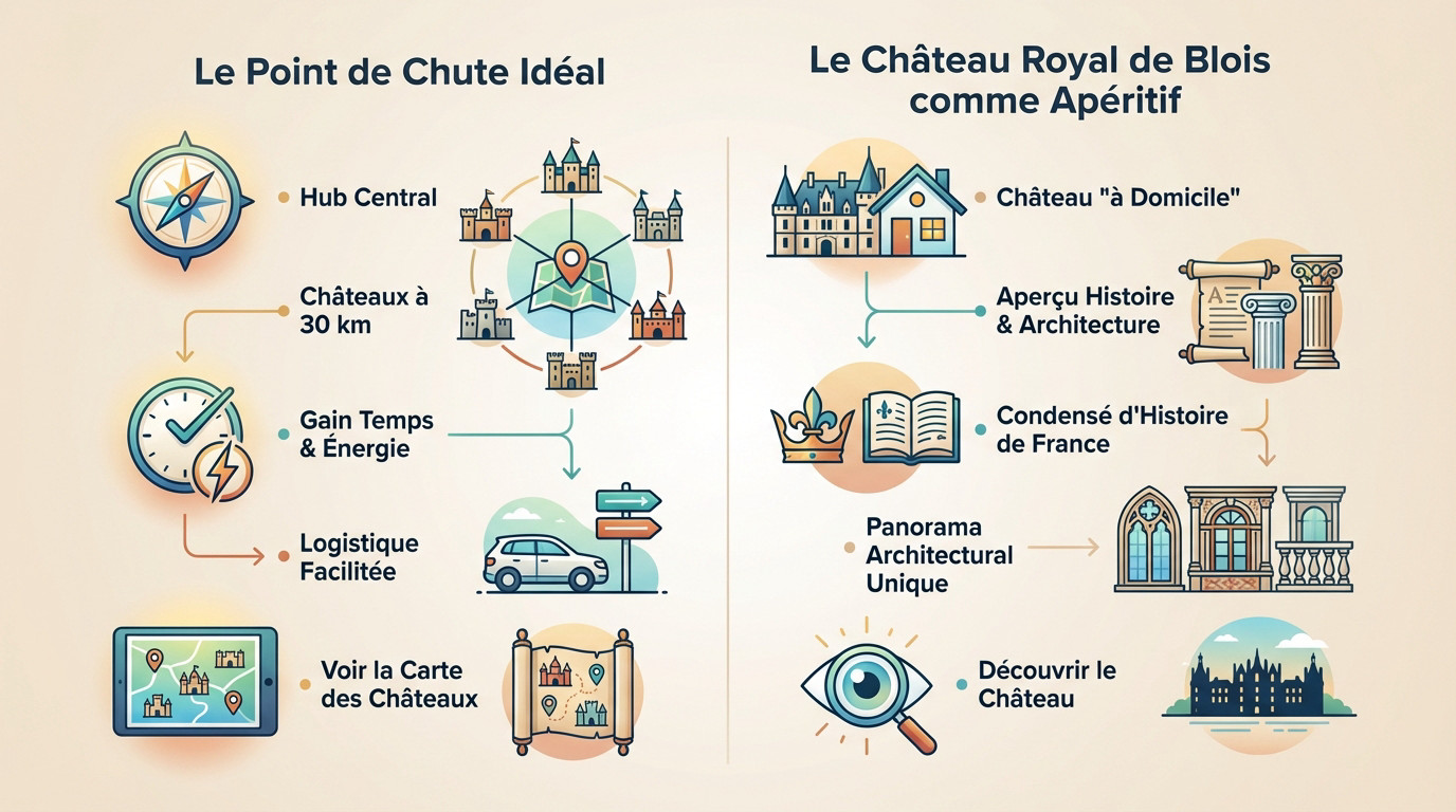 Infographie illustrant la position centrale de Blois pour visiter les ch&acirc;teaux de la Loire