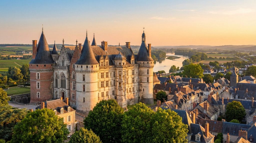 Château de Blois at golden hour, showcasing intricate Gothic and Renaissance architecture, a historic town, and the Loire River in the valley.