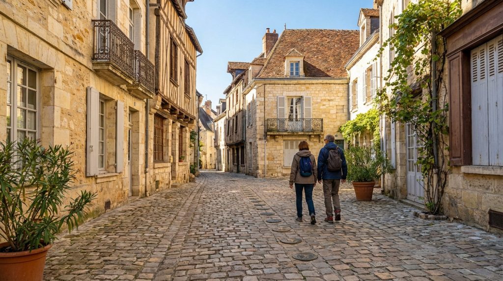 Two people stroll a sunlit cobblestone street in Blois, France, marked by bronze studs, flanked by ancient stone buildings.