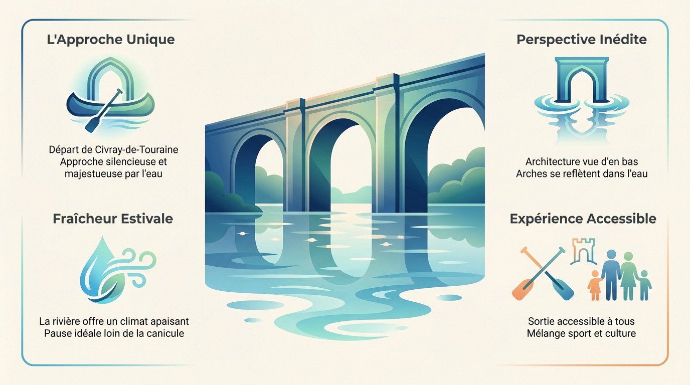 Vue en contre-plong&eacute;e du ch&acirc;teau de Chenonceau depuis un cano&euml; sur le Cher