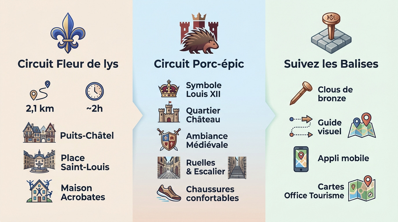 Clous de bronze balisant les circuits pi&eacute;tons dans les rues de Blois