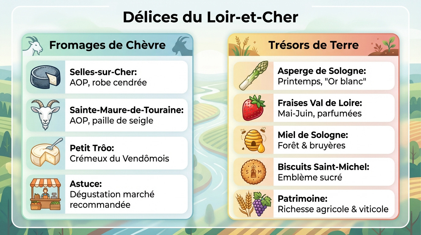 Panier garni de spécialités du Loir-et-Cher avec fromages de chèvre et produits frais du marché