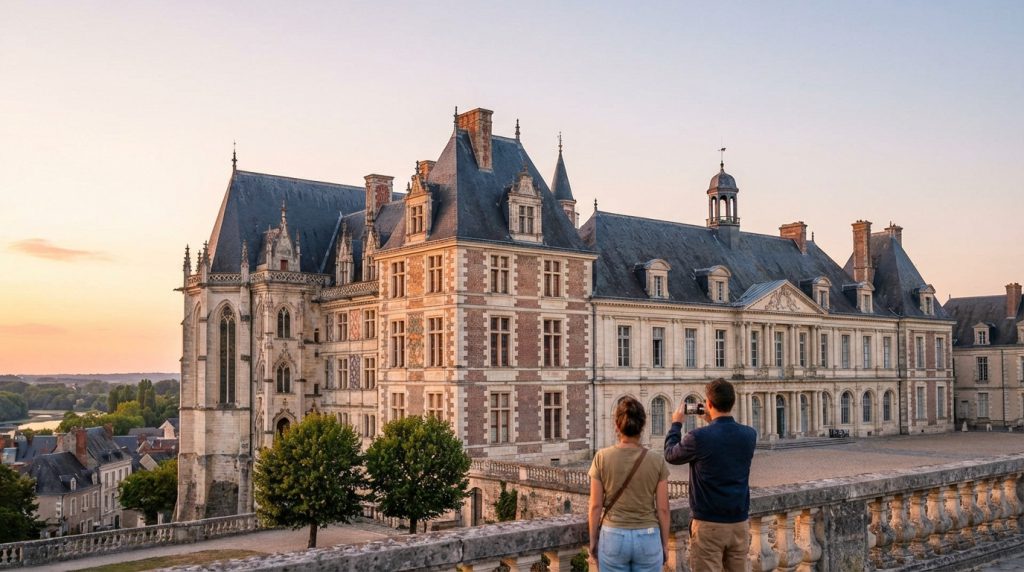 Two people view the majestic Château de Blois at golden hour. Its intricate architecture glows, overlooking a charming town and river.