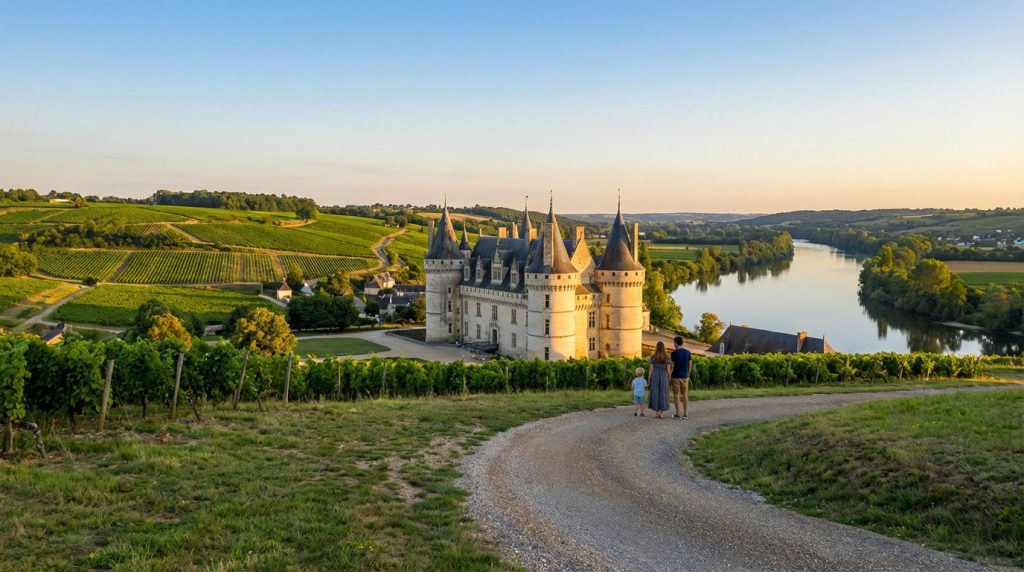 A family views a majestic French château and winding river in the Loire Valley at golden hour, surrounded by vineyards.