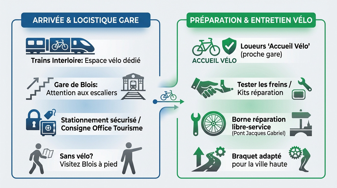 Cyclistes préparant leur départ sur la Loire à vélo devant la gare de Blois