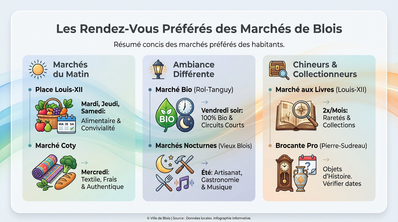 Ambiance conviviale sur le marché de la place Louis-XII à Blois avec des produits frais locaux