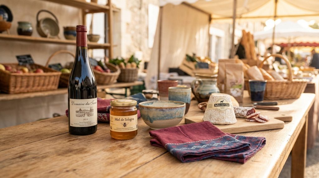 Rustic table with Loir-et-Cher gifts: wine, Sologne honey, ceramic bowl, textile, Selles-sur-Cher cheese, salami. Golden hour market.