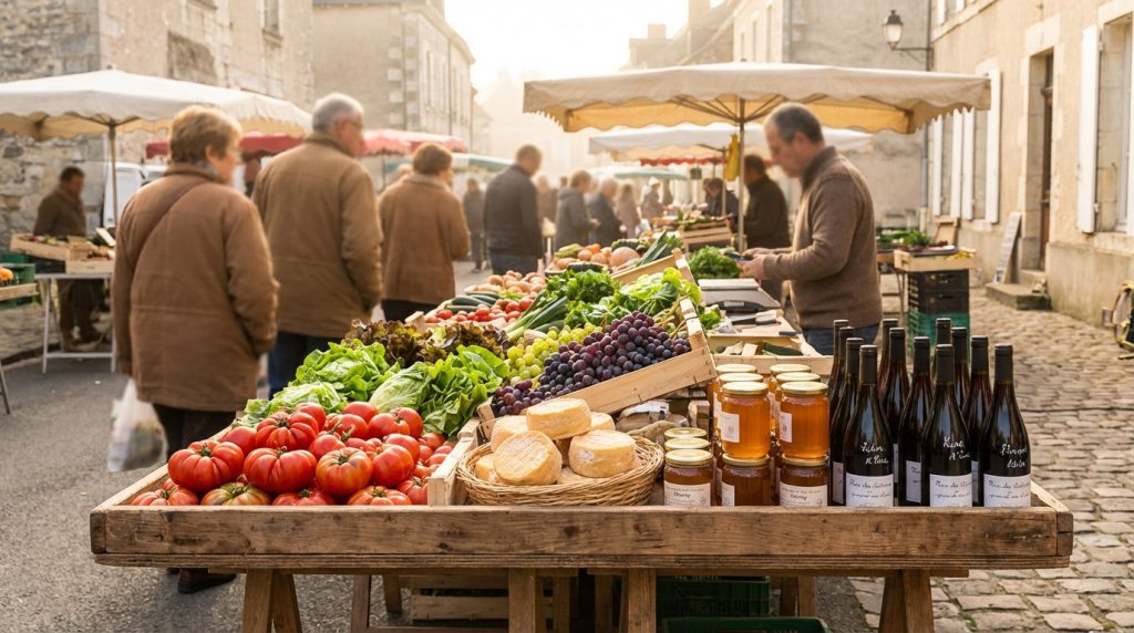 Marché en Loir-et-Cher avec étal de produits frais: légumes, fruits, fromages, miel, vin. Gens flous en arrière-plan.