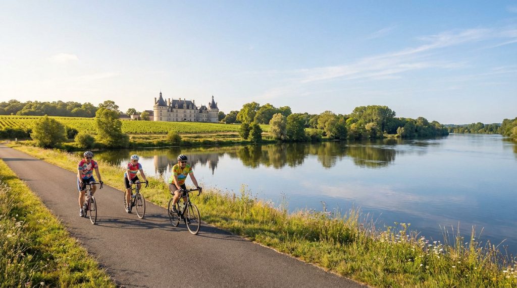 Three cyclists on a paved path beside the Loire River. A historic French château and vineyards are in the background under a clear sky.
