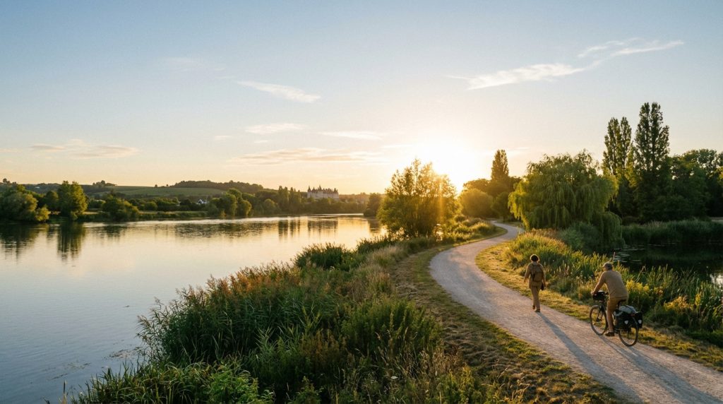 Golden hour on a winding path along the Loire River near Blois. A walker and cyclist enjoy the serene, sunlit landscape with a distant chateau.