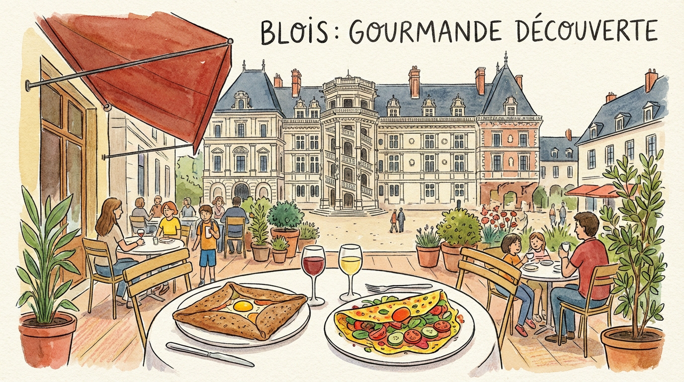 Terrasse du restaurant Mamie Bigoude avec vue sur le ch&acirc;teau royal de Blois