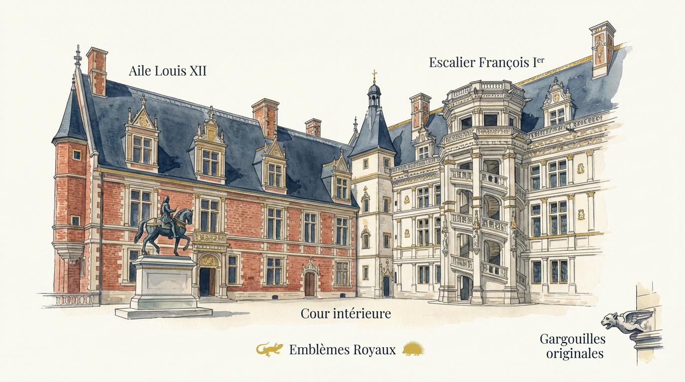 Fa&ccedil;ade en brique rouge de l'aile Louis XII et escalier Fran&ccedil;ois Ier au ch&acirc;teau de Blois