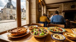 Table garnie de plats divers (cassoulet, salade, poisson grillé) dans un restaurant en pierre, avec vue sur une place historique de Blois.
