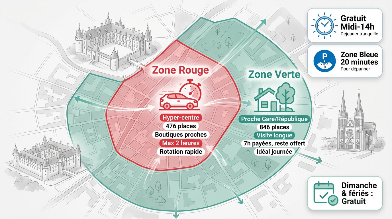 Panneau de signalisation des zones de stationnement rouge et verte à Blois