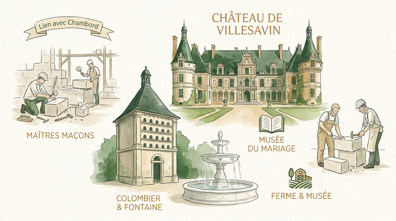 Vue architecturale du château de Villesavin et de ses jardins à Tour-en-Sologne