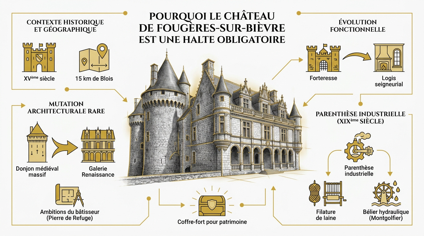 Infographie présentant les points clés de la visite du château de Fougères-sur-Bièvre